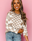 Brown Checkered Print Drop Shoulder Round Neck Sweater
