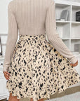 Beige Ribbed Knit Belted A-line Dress with Patchwork Print