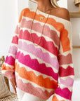 Yellow Wave Striped Balloon Sleeve Drop Shoulder Sweater