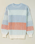 Pink Colorblock Textured Knit Bubble Sleeve Sweater