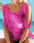 Womens Cut Shoulder Casual T Shirt with Feather Print