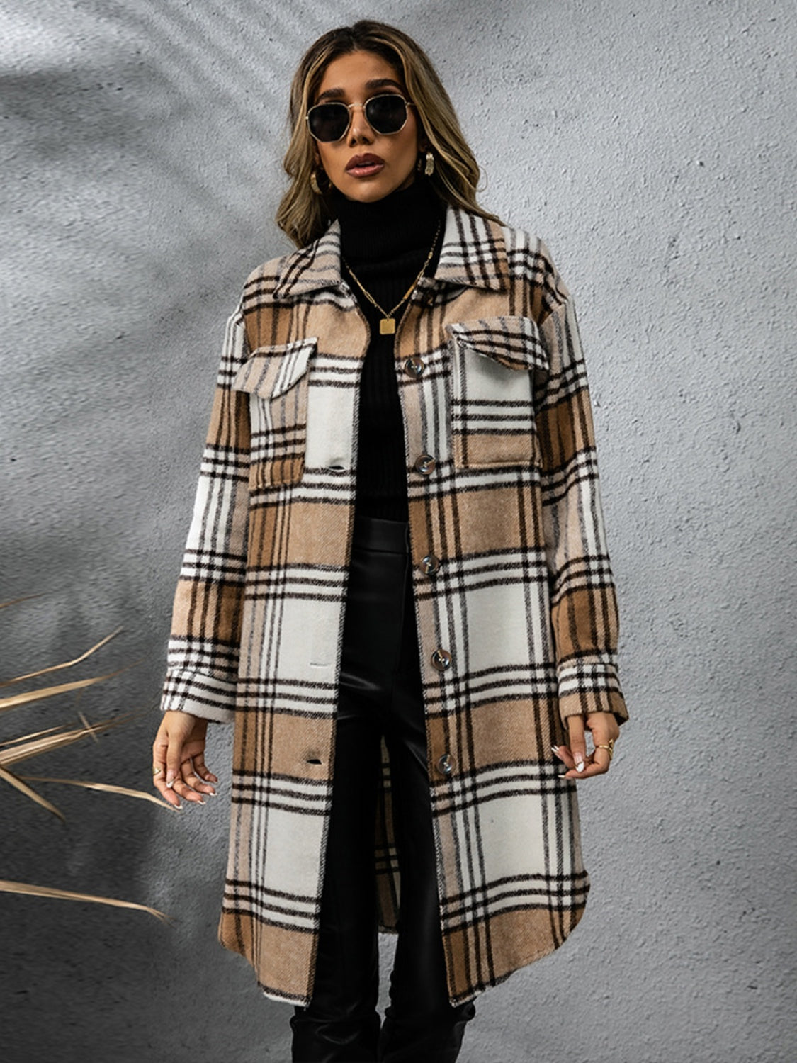 Plaid Collared Long Sleeve Coat