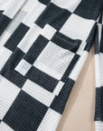 Black Checkered Waffle Knit Thumbhole Open Front Cardigan