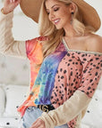 BiBi Print Block V Neck Top with Contrast Stitching