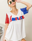 BiBi Metallic Letter V-neck Sequin Sleeves Top