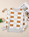 Checkered Ribbed Edge O Neck Drop Shoulder Sweater
