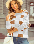 Checkered Ribbed Edge O Neck Drop Shoulder Sweater