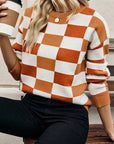 Checkered Ribbed Edge O Neck Drop Shoulder Sweater