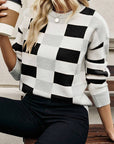 Checkered Ribbed Edge O Neck Drop Shoulder Sweater