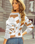 Checkered Ribbed Edge O Neck Drop Shoulder Sweater