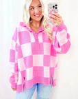Checkerboard Button Collared Drop Shoulder Sweater
