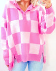 Checkerboard Button Collared Drop Shoulder Sweater
