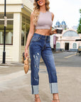 Denim High Waist Distressed Straight Leg Jeans