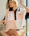 BiBi Color Block Quarter Neck Short Dolan Sleeve Top