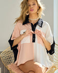 BiBi Color Block Quarter Neck Short Dolan Sleeve Top