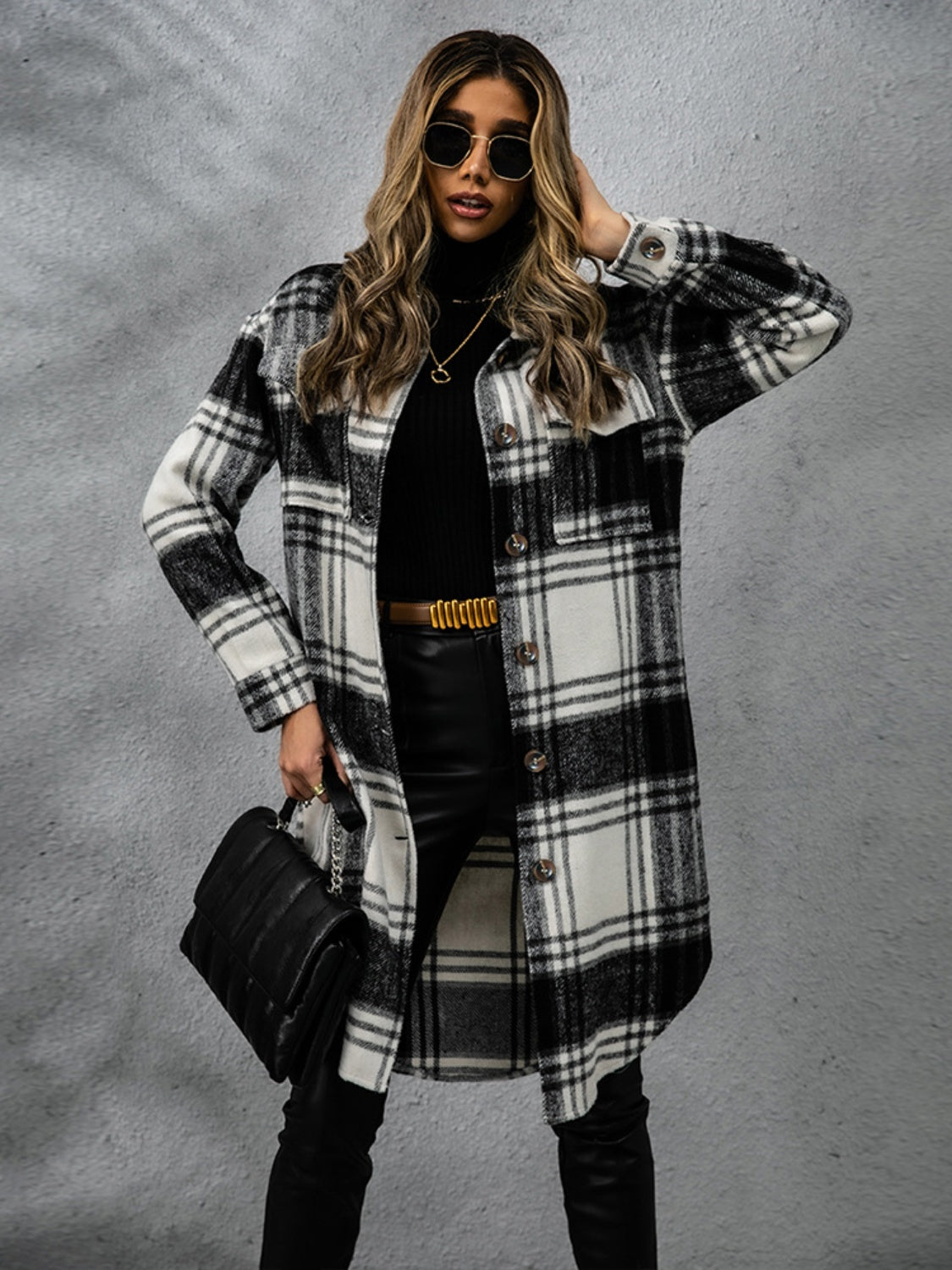 Plaid Collared Long Sleeve Coat