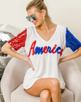 BiBi Metallic Letter V-neck Sequin Sleeves Top