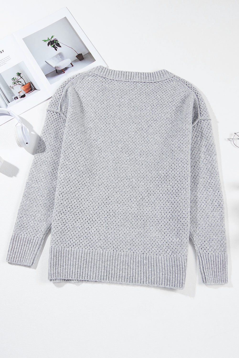 Light Grey Oversized V Neck Drop Shoulder Sweater with Eyelet Detail