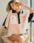 BiBi Color Block Quarter Neck Short Dolan Sleeve Top