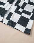 Black Checkered Waffle Knit Thumbhole Open Front Cardigan