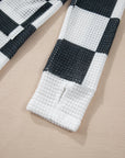 Black Checkered Waffle Knit Thumbhole Open Front Cardigan