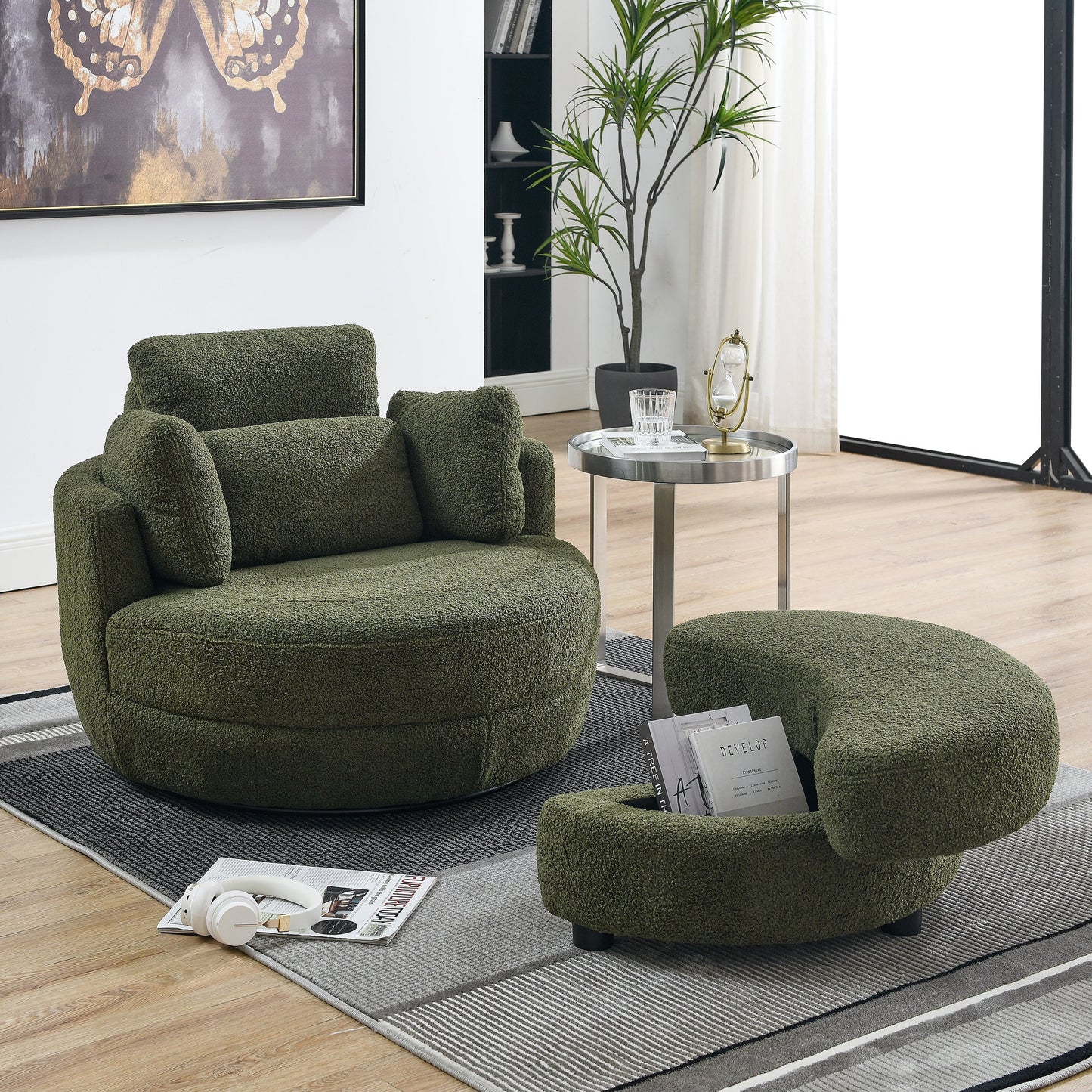 Oversized Swivel Chair with moon storage ottoman