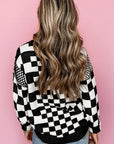 Brown Checkered Print Drop Shoulder Round Neck Sweater