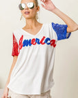 BiBi Metallic Letter V-neck Sequin Sleeves Top
