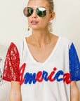 BiBi Metallic Letter V-neck Sequin Sleeves Top