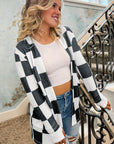 Black Checkered Waffle Knit Thumbhole Open Front Cardigan