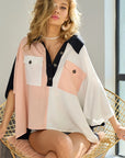 BiBi Color Block Quarter Neck Short Dolan Sleeve Top