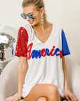 BiBi Metallic Letter V-neck Sequin Sleeves Top