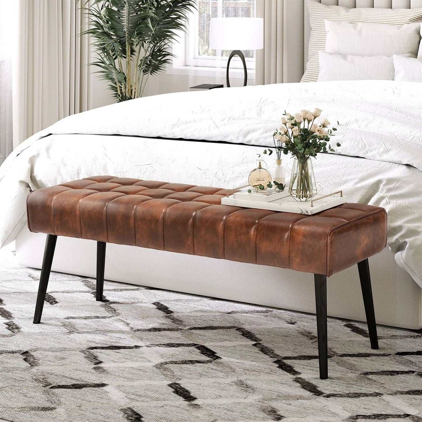 Mid-Century Modern Bedroom Bench with Brown PU Leather Seat and