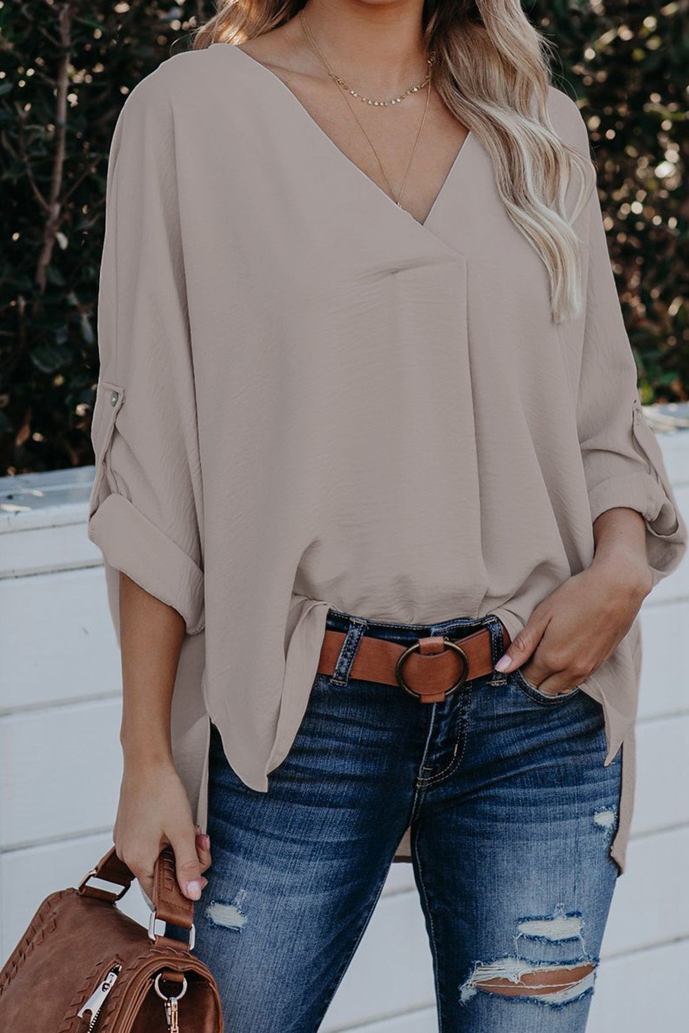 Apricot V Neck 3/4 Sleeve Hem Shirt