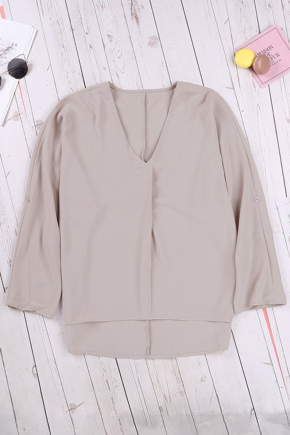 Apricot V Neck 3/4 Sleeve Hem Shirt