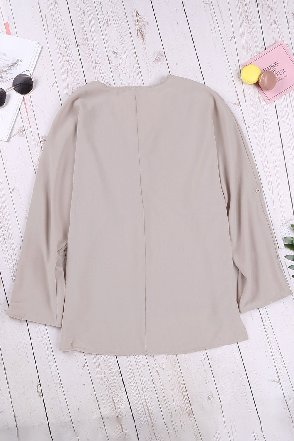 Apricot V Neck 3/4 Sleeve Hem Shirt