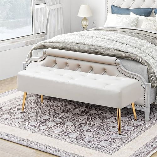 Modern Bed Bench Ottoman with White Ivory Leather Seat and Gold