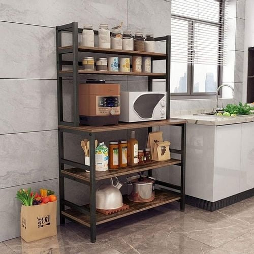 Industrial Modern Kitchen Bakers Rack Brown Woodgrain Sturdy Metal