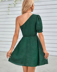 One Shoulder Polka Dot Puff Sleeve Ruffle Dress