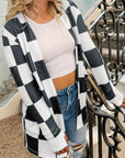 Black Checkered Waffle Knit Thumbhole Open Front Cardigan