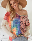 BiBi Print Block V Neck Top with Contrast Stitching