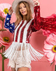 BiBi American Flag Theme Fringe Detailed Sequins Crop Top