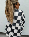 Black Checkered Waffle Knit Thumbhole Open Front Cardigan