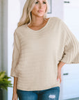 Ribbed Knit Reverse Seam 3/4 Sleeve Sweater