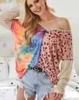 BiBi Print Block V Neck Top with Contrast Stitching