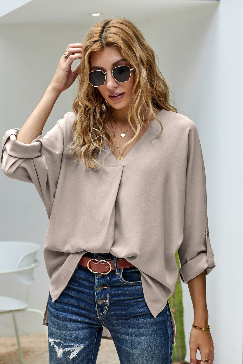 Apricot V Neck 3/4 Sleeve Hem Shirt