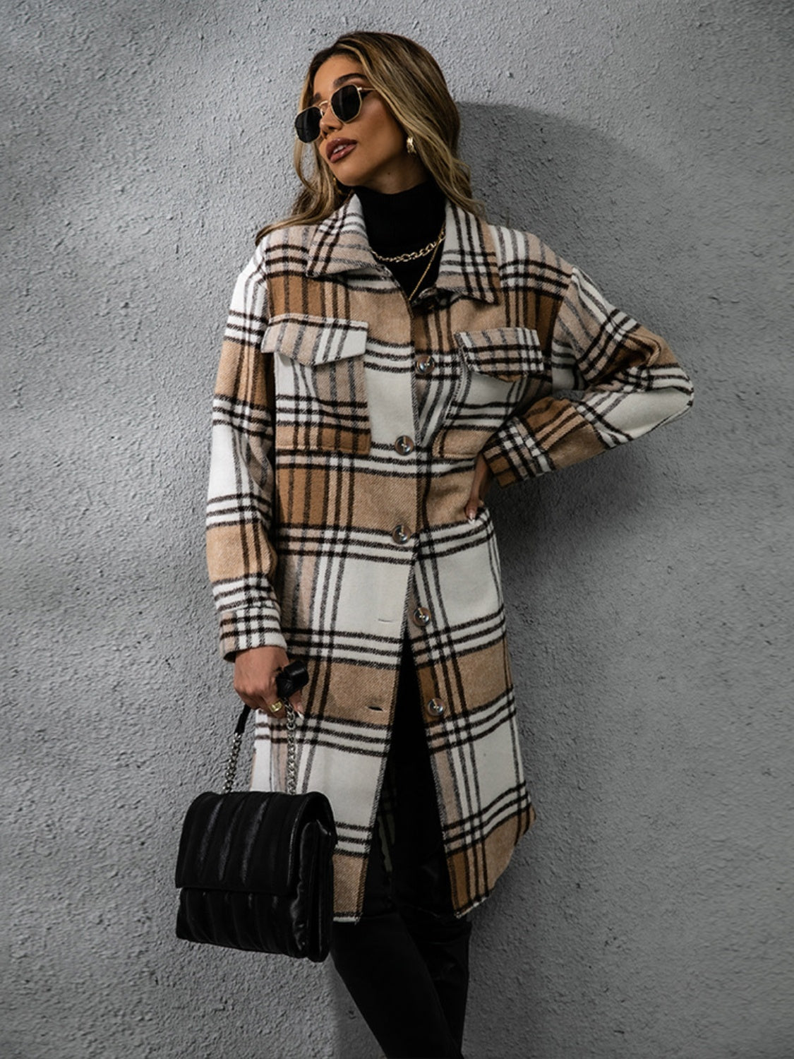 Plaid Collared Long Sleeve Coat