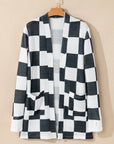 Black Checkered Waffle Knit Thumbhole Open Front Cardigan