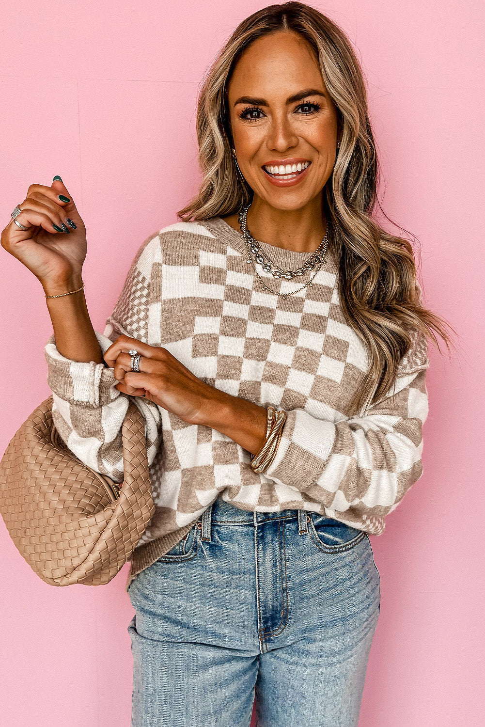 Brown Checkered Print Drop Shoulder Round Neck Sweater
