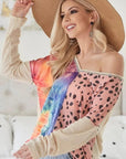 BiBi Print Block V Neck Top with Contrast Stitching